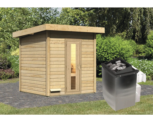 Houten buitensauna met saunakachel