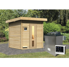 Houten sauna met saunakachel en bediening voor de tuin