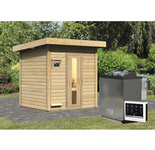 Houten sauna met saunakachel en bediening in de tuin