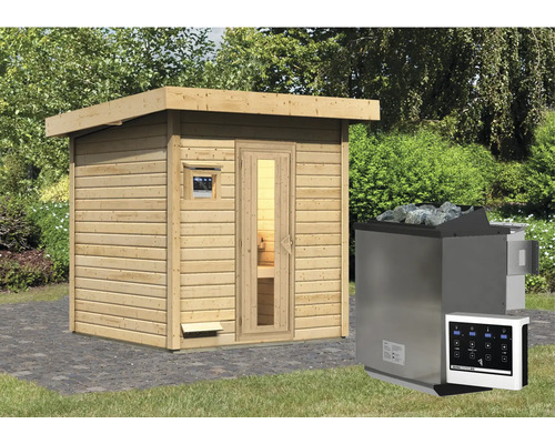 Houten sauna met saunakachel en bediening in de tuin