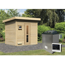 Buitensauna met saunakachel en bediening in de tuin