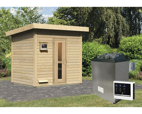 Buitensauna met saunakachel en bediening in de tuin