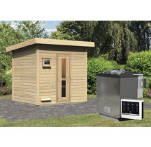 Buitensauna met houten bekleding en saunakachel