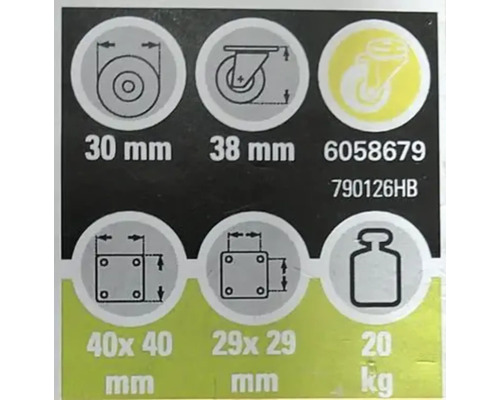 Technische specificaties voor rollen: 30 mm roldiameter, 38 mm rolhoogte, 40 x 40 mm en 29 x 29 mm gatafstand, maximaal draagvermogen 20 kg