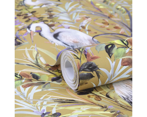 Behangrol met reiger- en plantenmotief