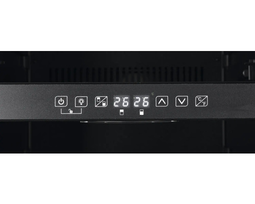 Bedieningspaneel van een drankkoelkast met digitaal temperatuurdisplay en verschillende bedieningselementen