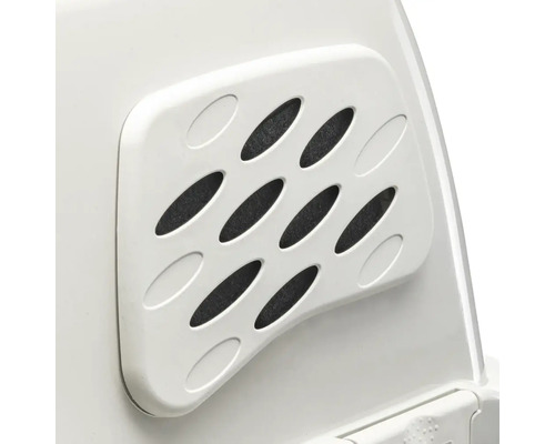 Detailweergave van een wit ventilatierooster met ovale openingen