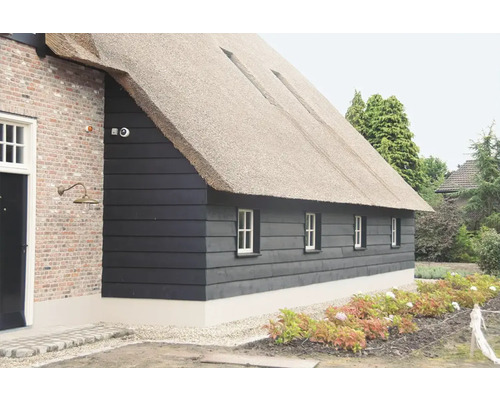 Huis met rieten dak, houten gevelbekleding en bakstenen elementen