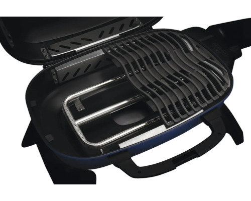 Binnenkant van een draagbare gasbarbecue met grillrooster en brander