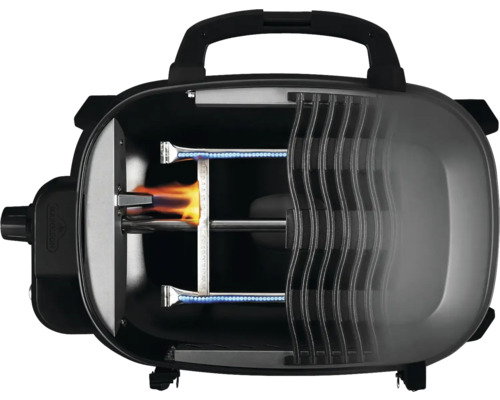 Draagbare gasbarbecue met grillroosters en gasbranders in werking