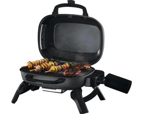 Draagbare gasbarbecue met spiesen en vlees op het grillrooster
