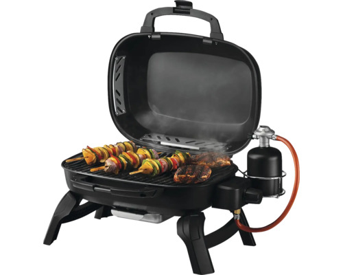 Draagbare gasbarbecue met gegrilde spiesjes en vlees