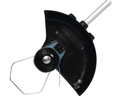 Detailweergave van een grastrimmer met beschermkap en snijdraad