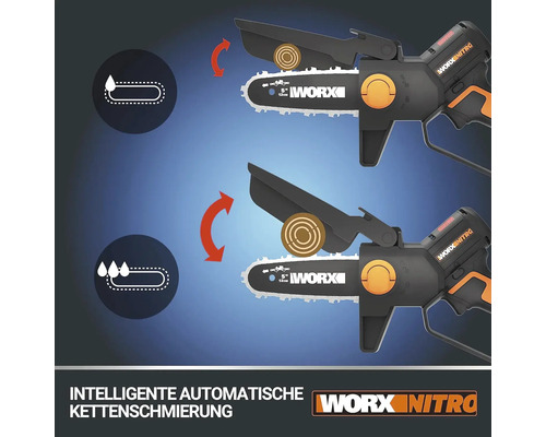 Automatische kettingsmering van de Worx Nitro accusleutelzaag
