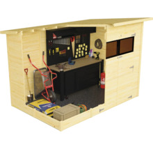 Houten schuur met werkbank, gereedschap en tuingereedschap