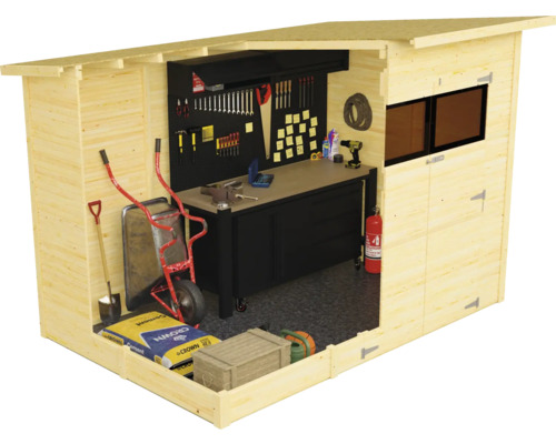 Houten schuur met werkbank, gereedschap en tuingereedschap