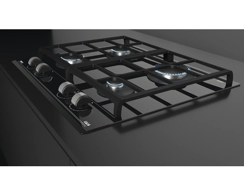 Gaskookplaat met vier branders en bedieningsknoppen aan de zijkant