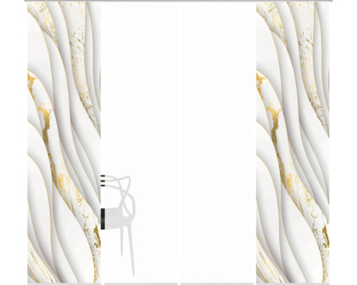 Decoratieve wandpanelen met abstract marmerpatroon en stoel