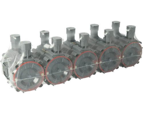 Vijf radiatorkranen verpakt in plasticfolie