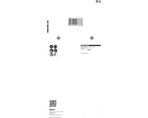 Productverpakking met veiligheidsrichtlijnen, barcode en Bosch logo