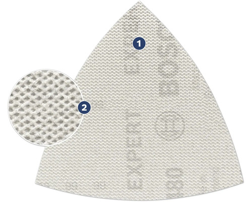 Driehoekig schuurpapier met klittenband en detailopname van de schuurpapierstructuur