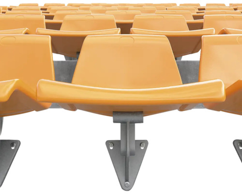 Rij stadionstoelen van kunststof met metalen steun