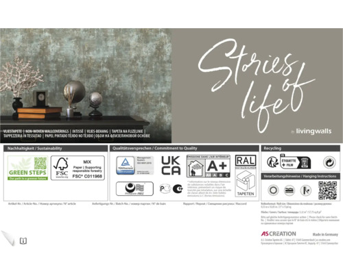 Informatie over vliesbehang, duurzaamheidskeurmerken, kwaliteitskeurmerken, recyclinginstructies en verwerkingsinstructies