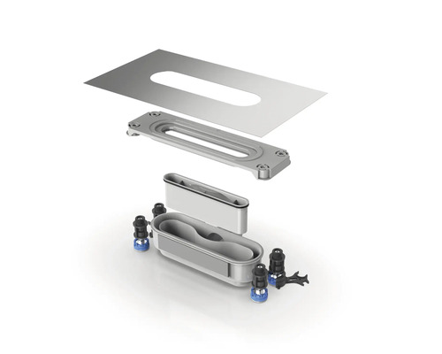 Explosietekening van een rechthoekige afvoer met afdichtingen, schroeven en metalen inzetstuk