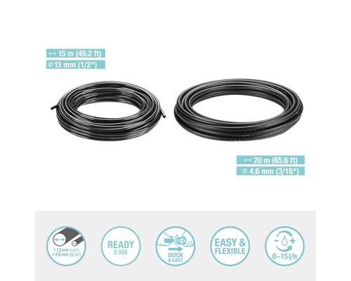 Twee rollen irrigatieslangen met een lengte van 15 meter en 20 meter