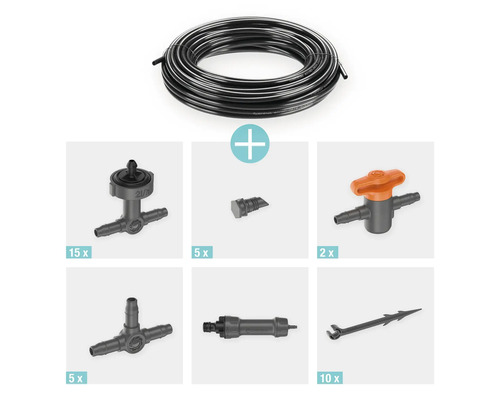 Gardena Micro-Drip-System Startset plantenbakken M met druppelbuis, eindstukken, verloopstukken, afsluitkranen, T-stukken, verbindingsstukken en buishouders