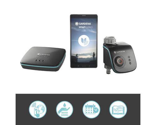 Gardena Smart System bestaande uit gateway, bedieningspaneel en app op een tablet