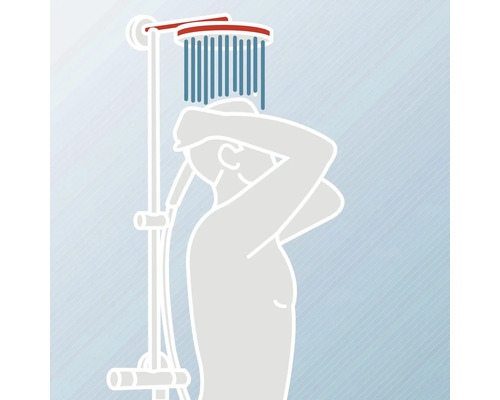 Illustratie van een persoon die onder een douchekop staat.