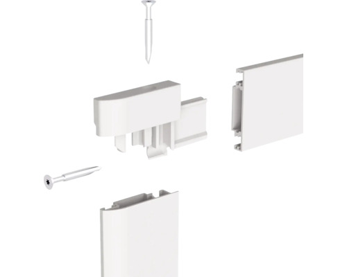 Kunststof hoekstukken en bevestigingsmateriaal voor plinten