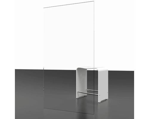 Transparant scheidingswand naast een kruk voor ruimteverdeling.