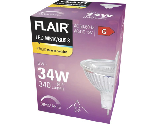Verpakking van een dimbare Flair LED MR16/GU5.3 lamp met 5 watt, 340 lumen en energie-efficiëntieklasse G
