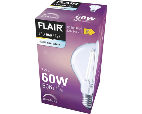 Verpakking van een dimbare Flair LED lamp A60 E27 met 806 lumen