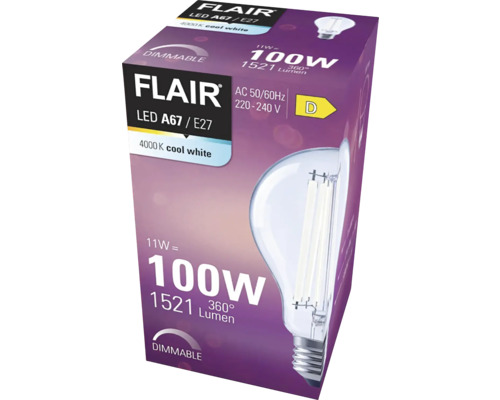 Verpakking van een dimbare Flair LED A67 / E27 lamp met 11 watt, 100 watt equivalent en 4000 kelvin koel wit