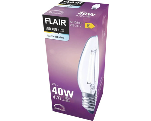 Verpakking van een dimbare Flair LED C35 E27 lamp met 4 watt, komt overeen met 40 watt, 470 lumen en 4000 kelvin koel wit