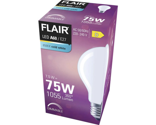 Verpakking van een dimbare Flair ledlamp A60 E27 met 7,5 watt en 1055 lumen