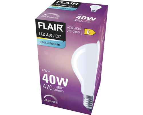 Verpakking van een dimbare Flair LED lamp A60 E27 met 4 watt vermogen en koud wit licht