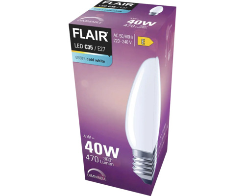 Verpakking van een Flair LED lamp C35 E27, 4 watt, 470 lumen, dimbaar
