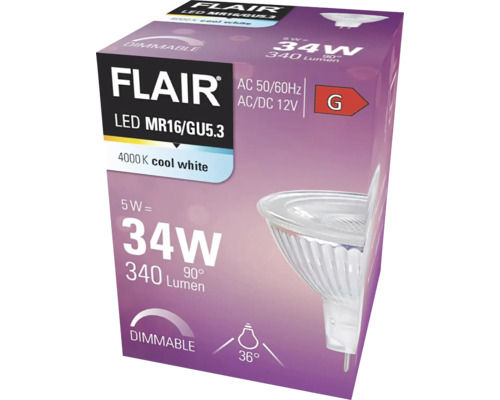 Verpakking van een dimbare Flair LED MR16/GU5.3 lamp met 4000 Kelvin koel wit licht