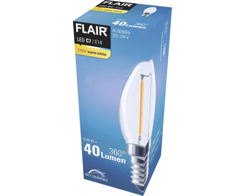 Verpakking van een niet-dimbare Flair ledlamp C7/E14 met 40 lumen en warm wit licht