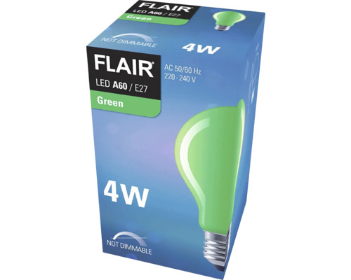 Verpakking van een groene Flair LED lamp A60 E27 met 4 watt