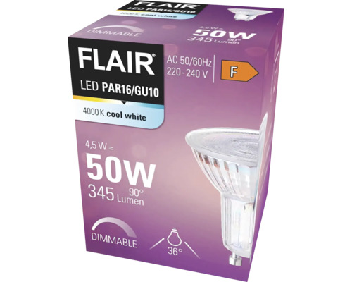 Verpakking van een Flair ledlamp PAR16/GU10, dimbaar, 4,5 watt, 345 lumen, 4000 kelvin