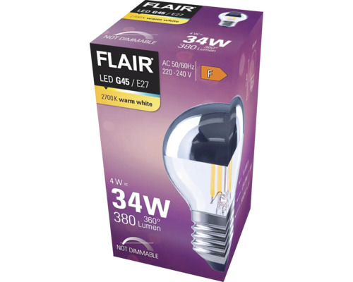 Verpakking van een Flair ledlamp G45 E27, niet dimbaar