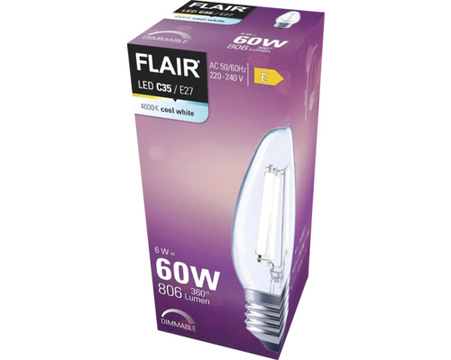 Verpakking van een dimbare Flair LED C35 E27 lamp met 4000 Kelvin koel wit licht