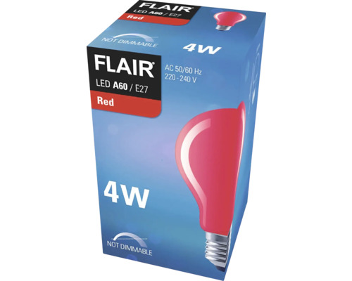 Verpakking van een rode Flair ledlamp A60 E27, 4 watt, niet dimbaar
