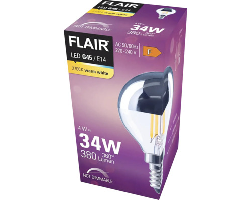 Verpakking van een niet-dimbare Flair LED lamp G45 E14 met 4 Watt en 380 lumen