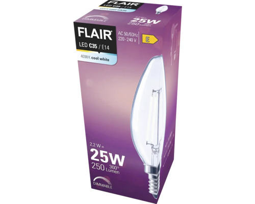 FLAIR LED lamp C35/E14, 2,2 watt, 250 lumen